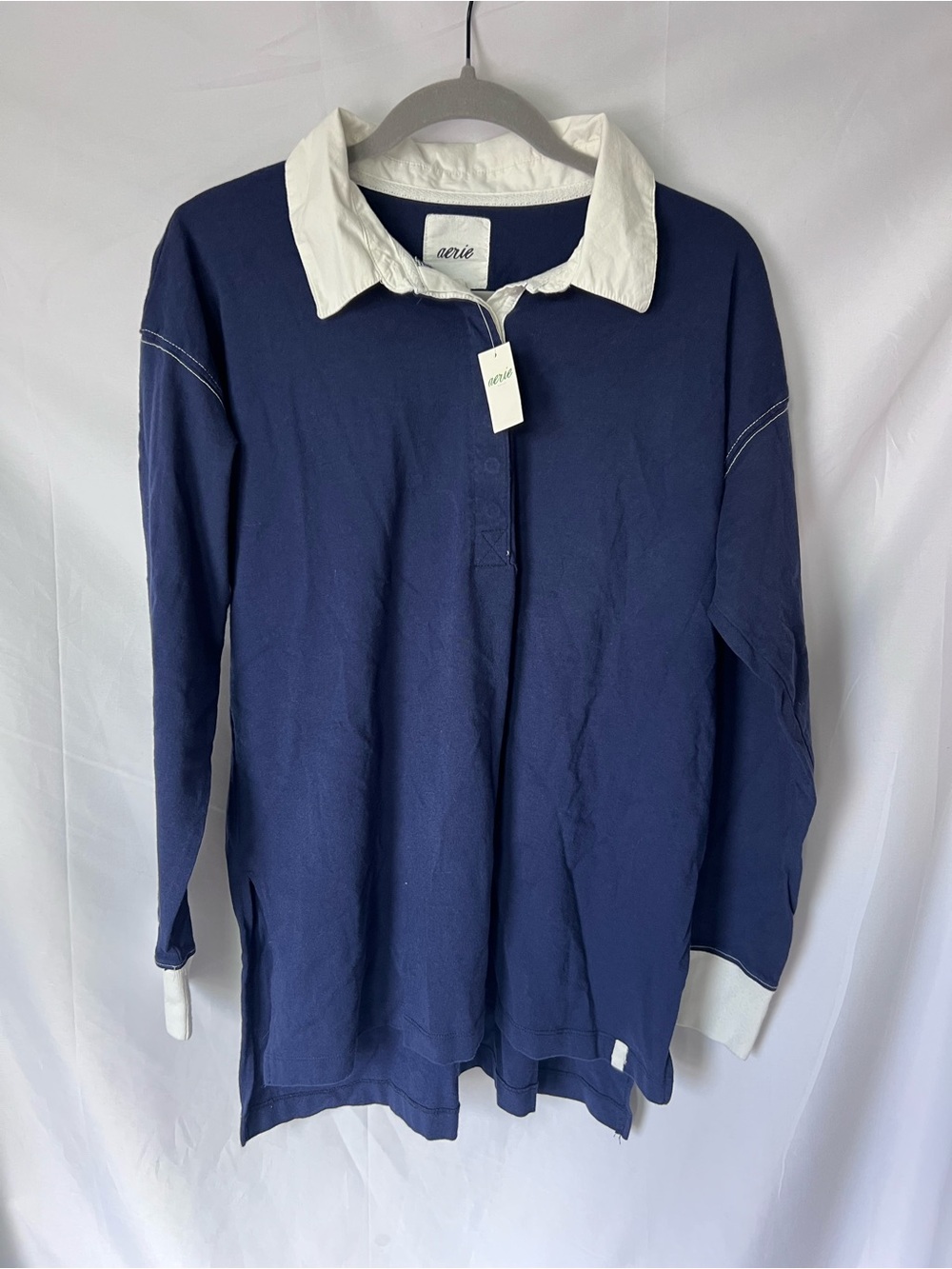 NWT Women’s AERIE 100% Cotton Long Navy Polo Long Sleeve Top